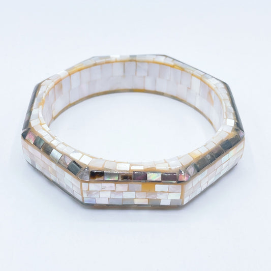 Mother-Of-Pearl Mosaic Octagon Bangle Bracelet Iridescent Accents Glossy Finish