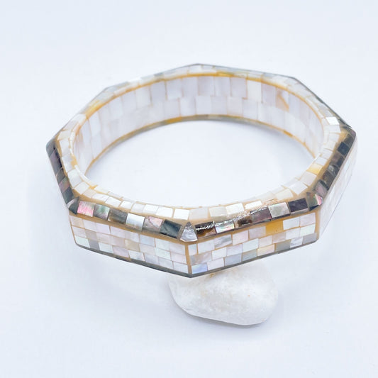 Mother-Of-Pearl Mosaic Octagon Bangle Bracelet Iridescent Accents Glossy Finish