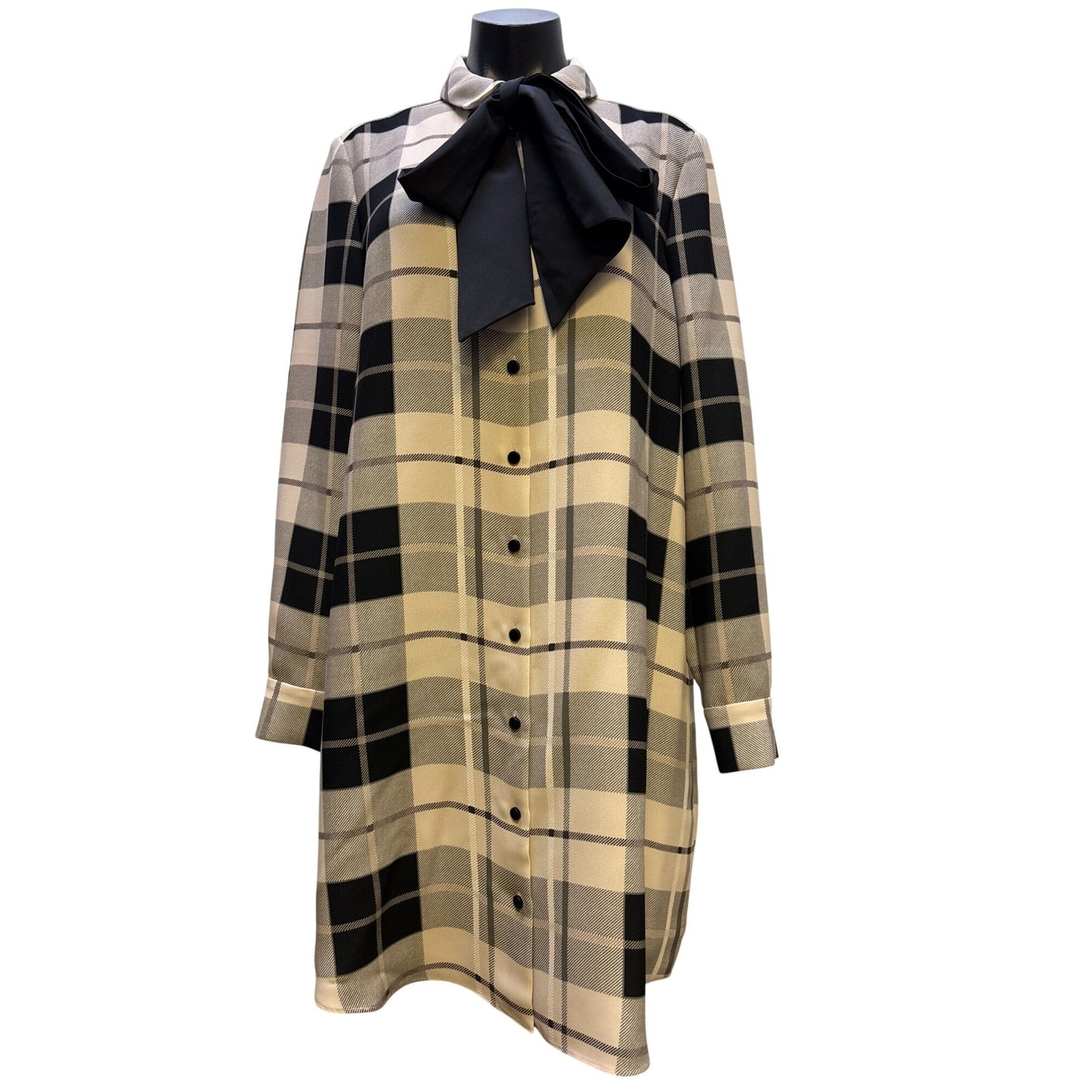 Kate Spade New York Plaid Shirt Dress Beige & Black Bow Detail Size 10