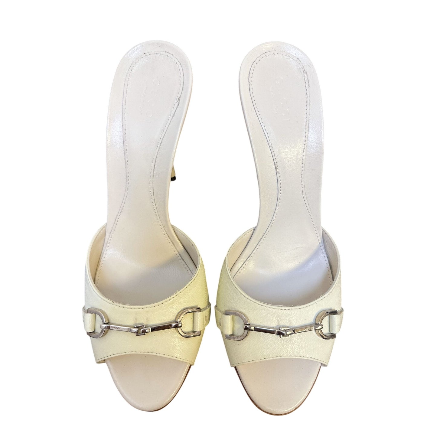 Gucci Ivory Leather Horsebit High Heel Mules Stiletto Size 7.5