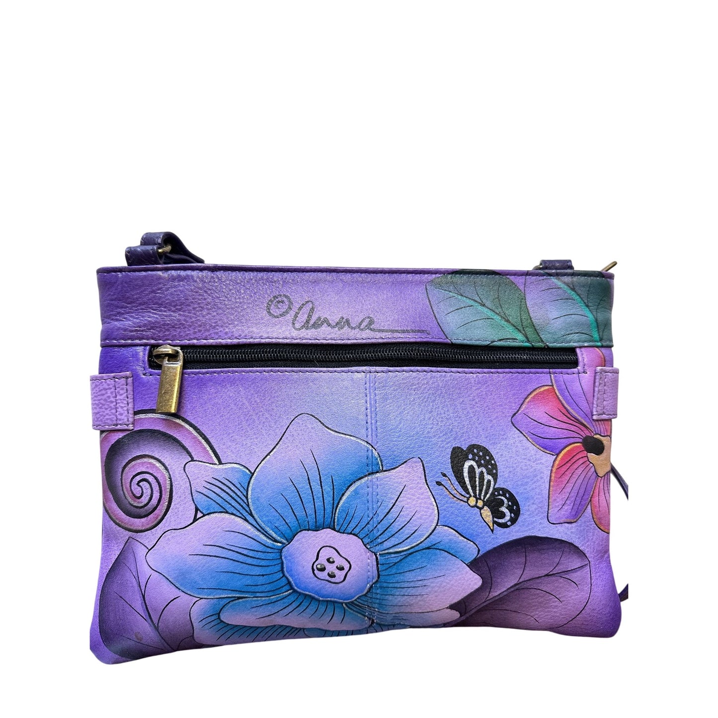 Anuschka Hand-Painted Leather Crossbody Bag Floral & Butterfly Design