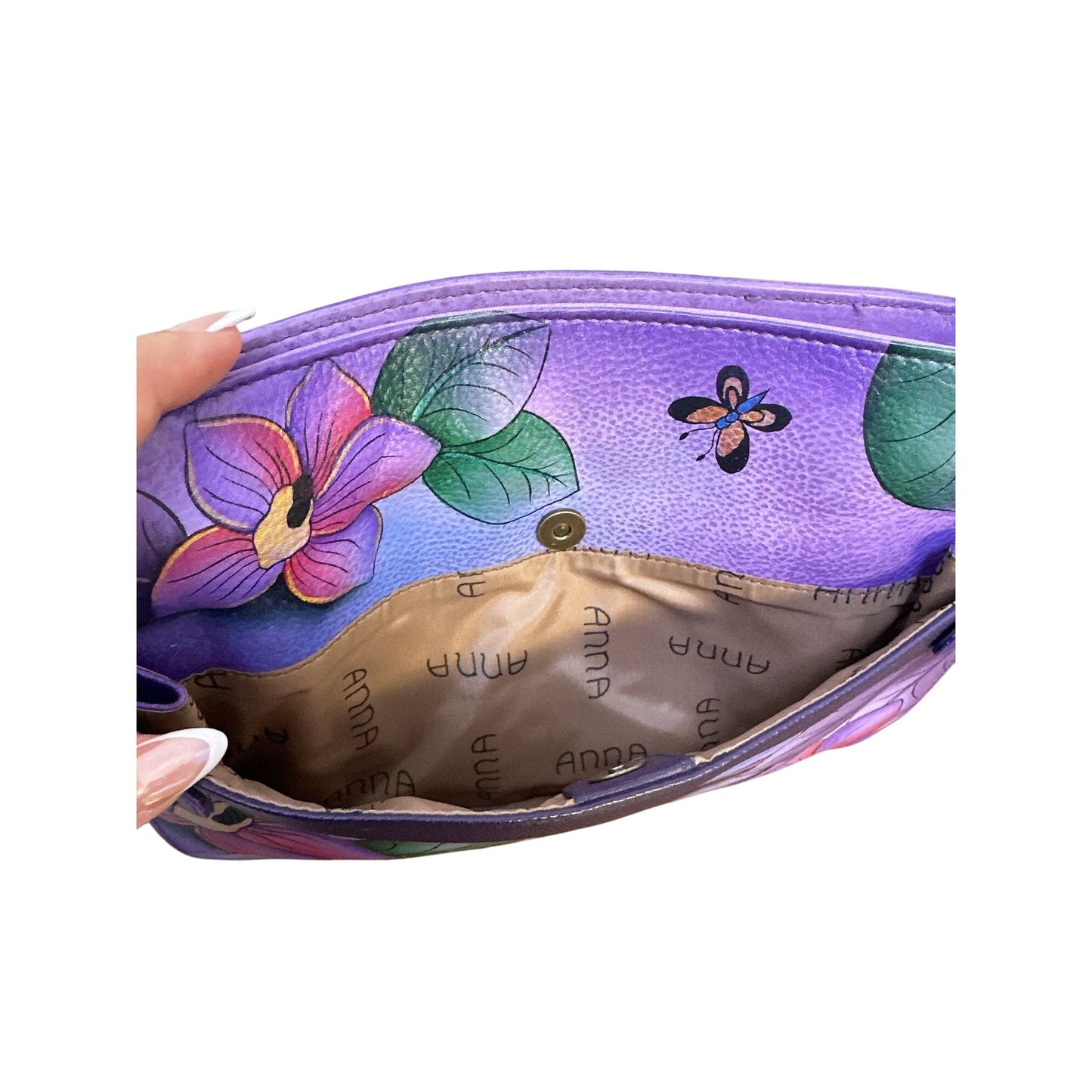 Anuschka Hand-Painted Leather Crossbody Bag Floral & Butterfly Design