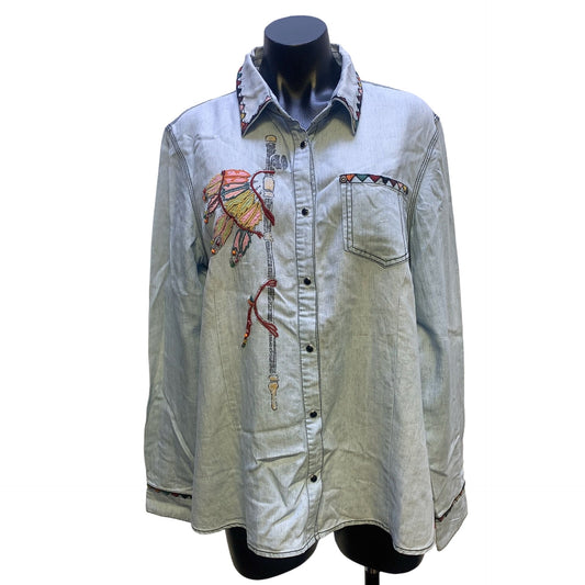 NWT Double D Ranch Light Blue w/Multicolored Embroidery Shirt Size Medium