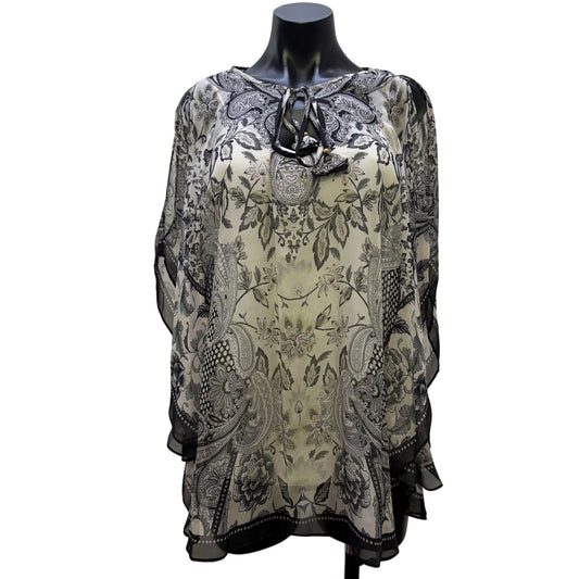 Hale Bob Blouse With Floral Print & Cami Layer Black White S
