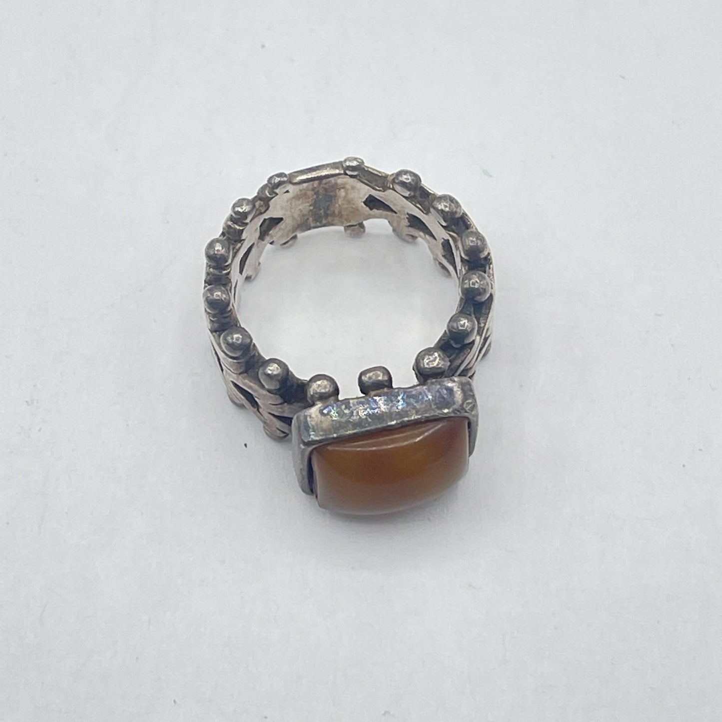 925 Silver Vintage Ring Intricate Design With Amber Stone size 7