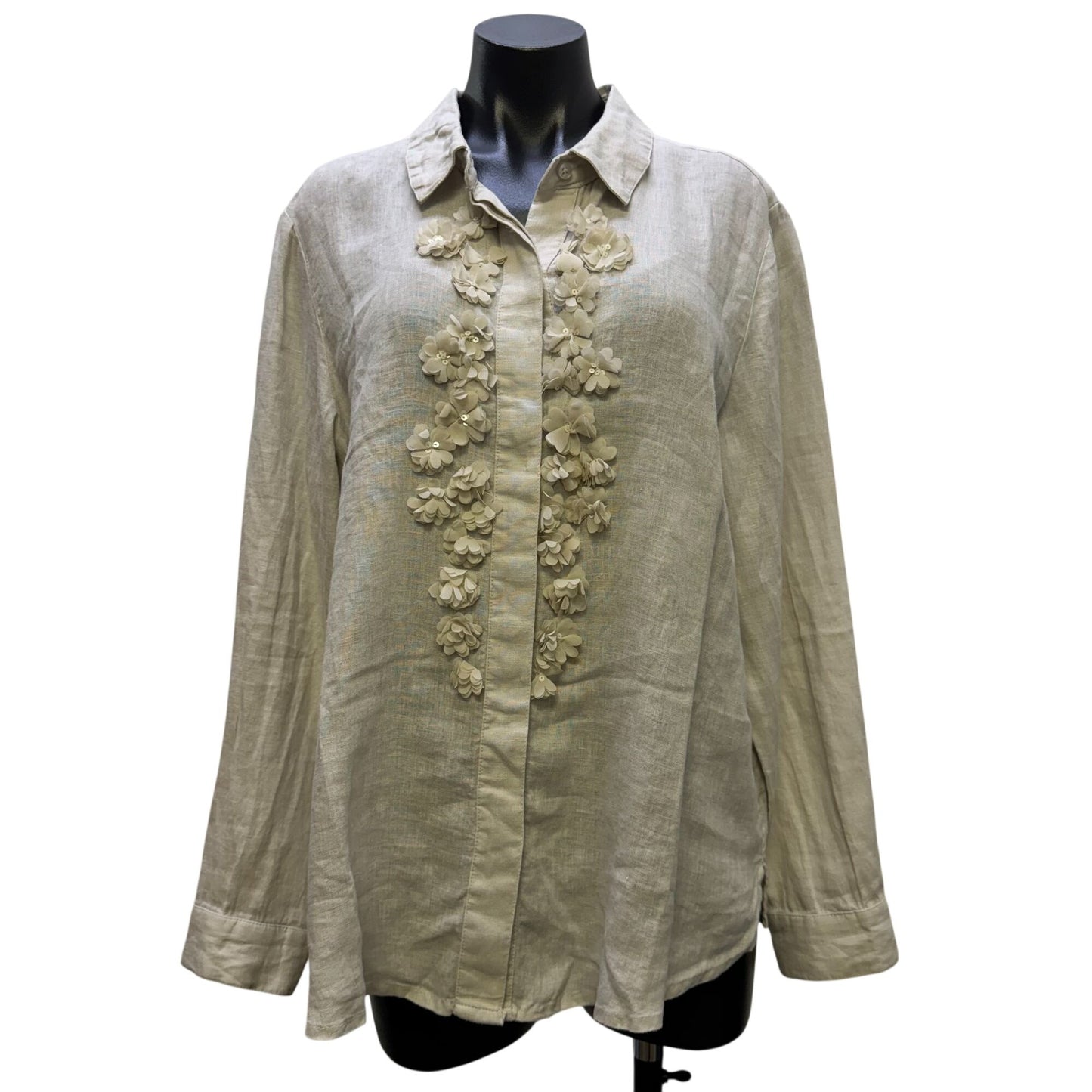 NWT Chico's Linen Blouse Cream Floral Embellished Button-Front Size 2/L