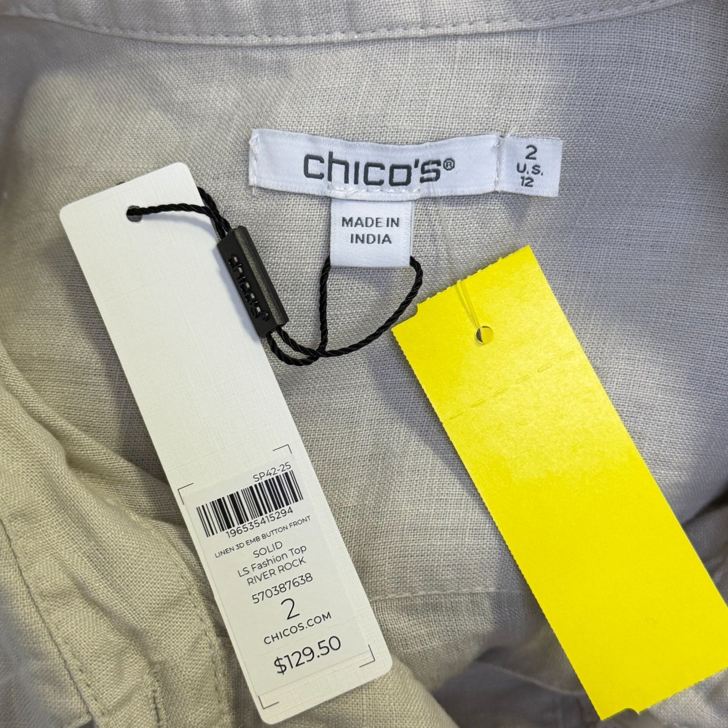 NWT Chico's Linen Blouse Cream Floral Embellished Button-Front Size 2/L