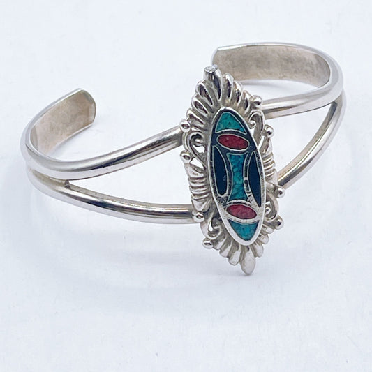 Vintage Sterling Silver & Enamel Cuff Bracelet With Oval Inlay Design