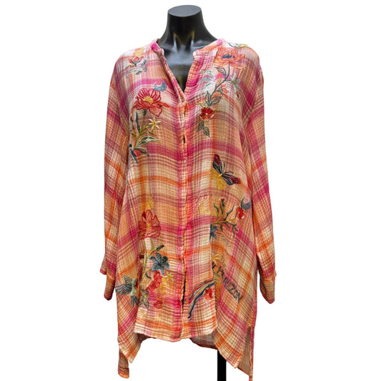 Johnny Was Workshop Floral Embroidered Plaid Tunic Long Sleeve Boho Chic