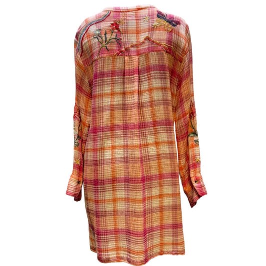 Johnny Was Workshop Floral Embroidered Plaid Tunic Long Sleeve Boho Chic