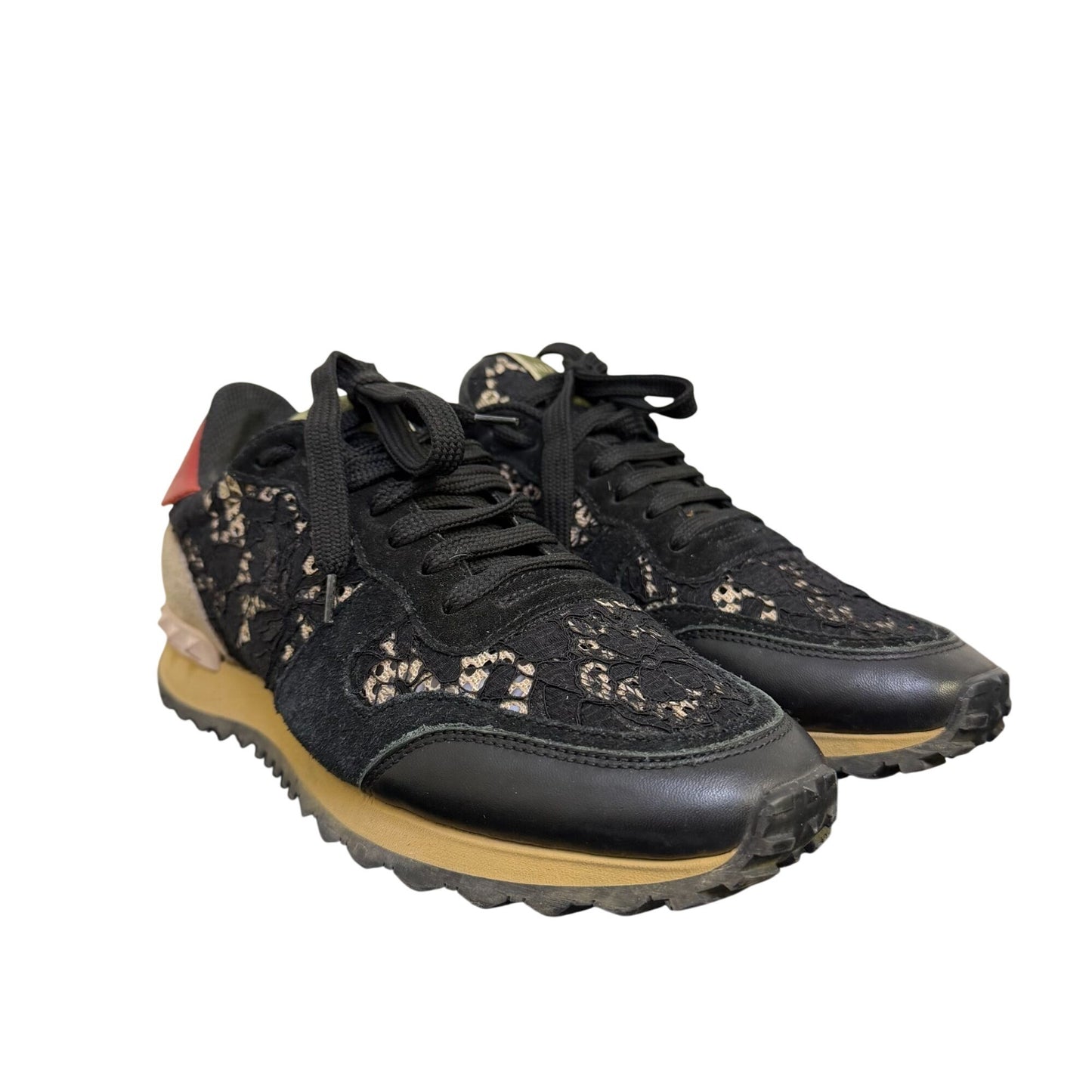 Valentino Garavani Black Lace Sneakers With Red Accents Size 7.5/38