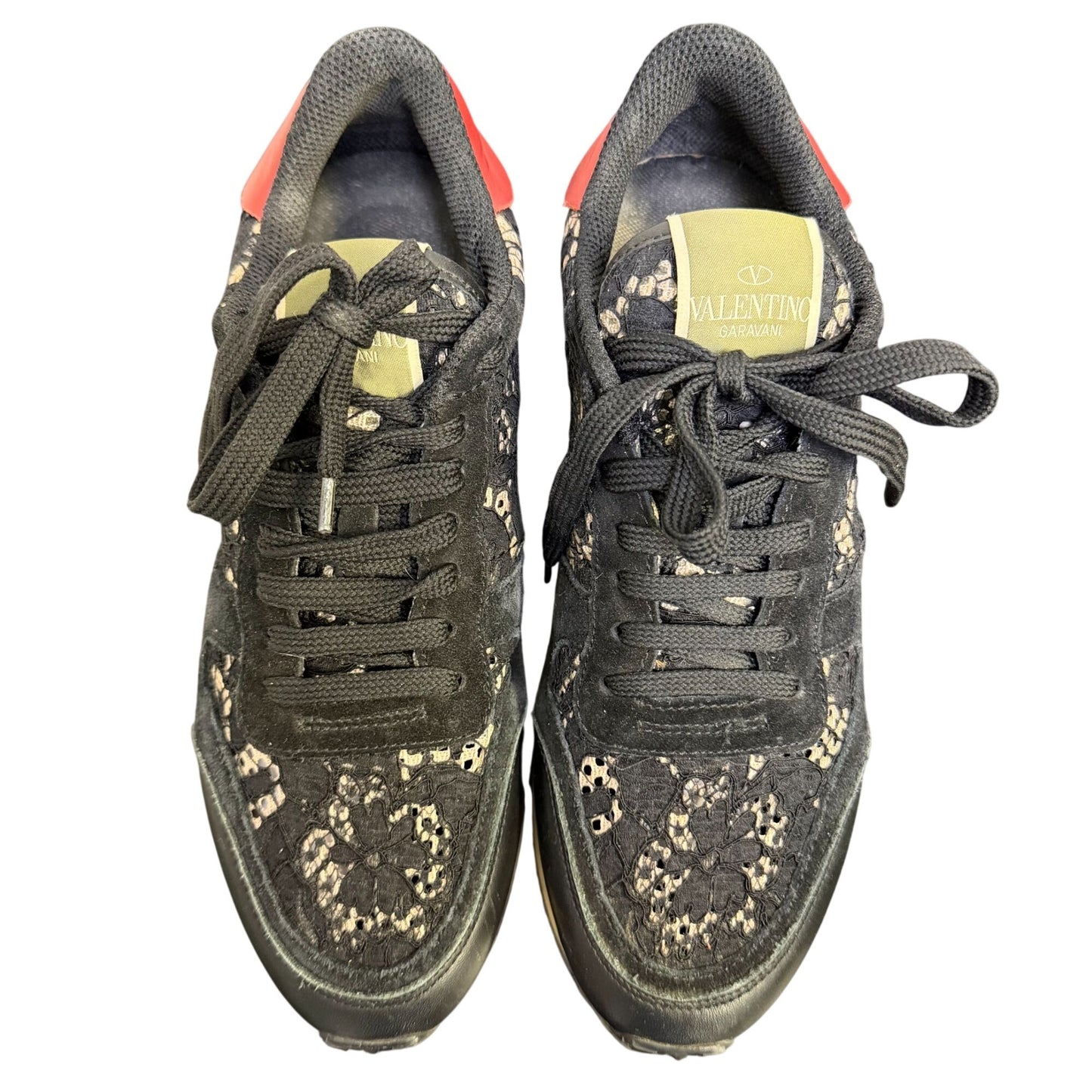 Valentino Garavani Black Lace Sneakers With Red Accents Size 7.5/38