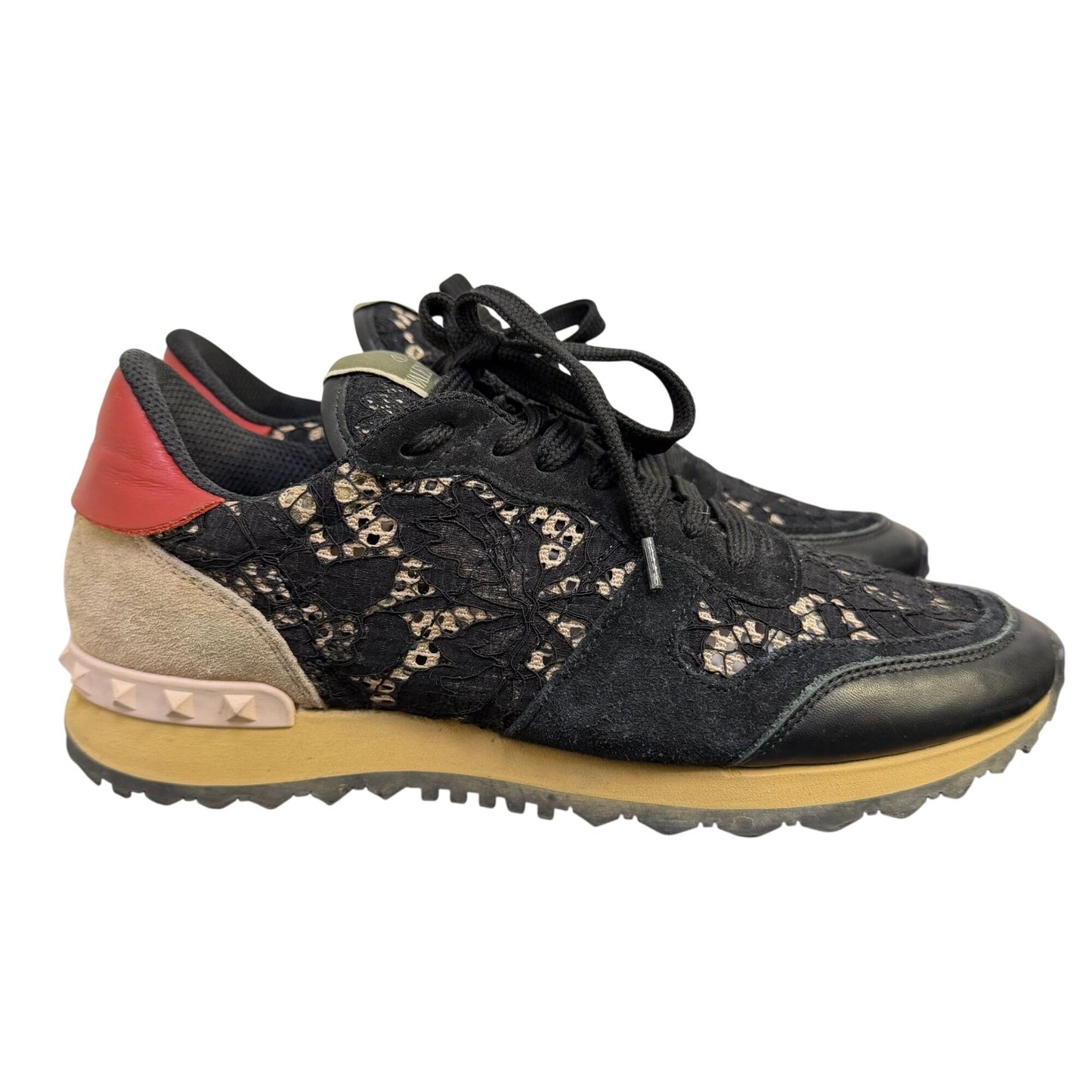 Valentino Garavani Black Lace Sneakers With Red Accents Size 7.5/38