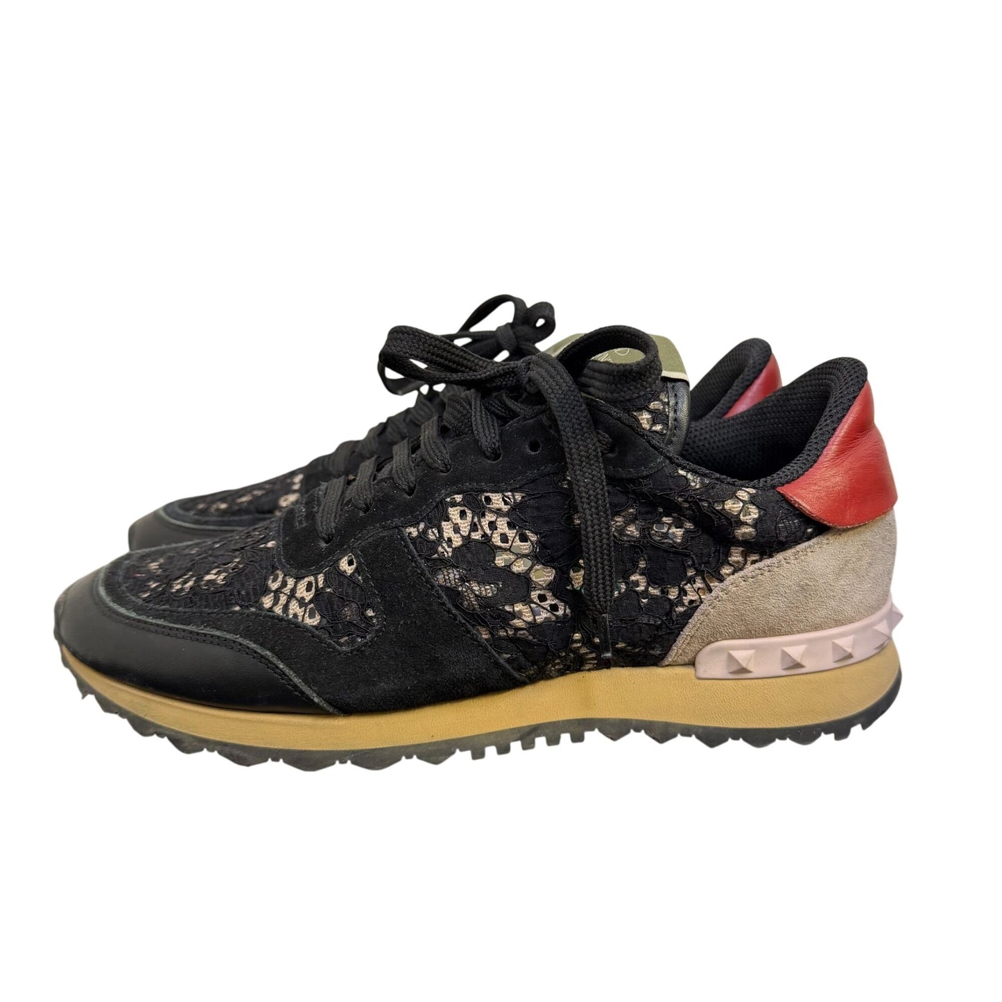 Valentino Garavani Black Lace Sneakers With Red Accents Size 7.5/38