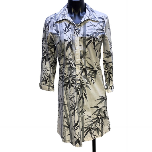 Tommy Bahama White & Grays Print 3/4 Sleeve Shirt Dress Size 2