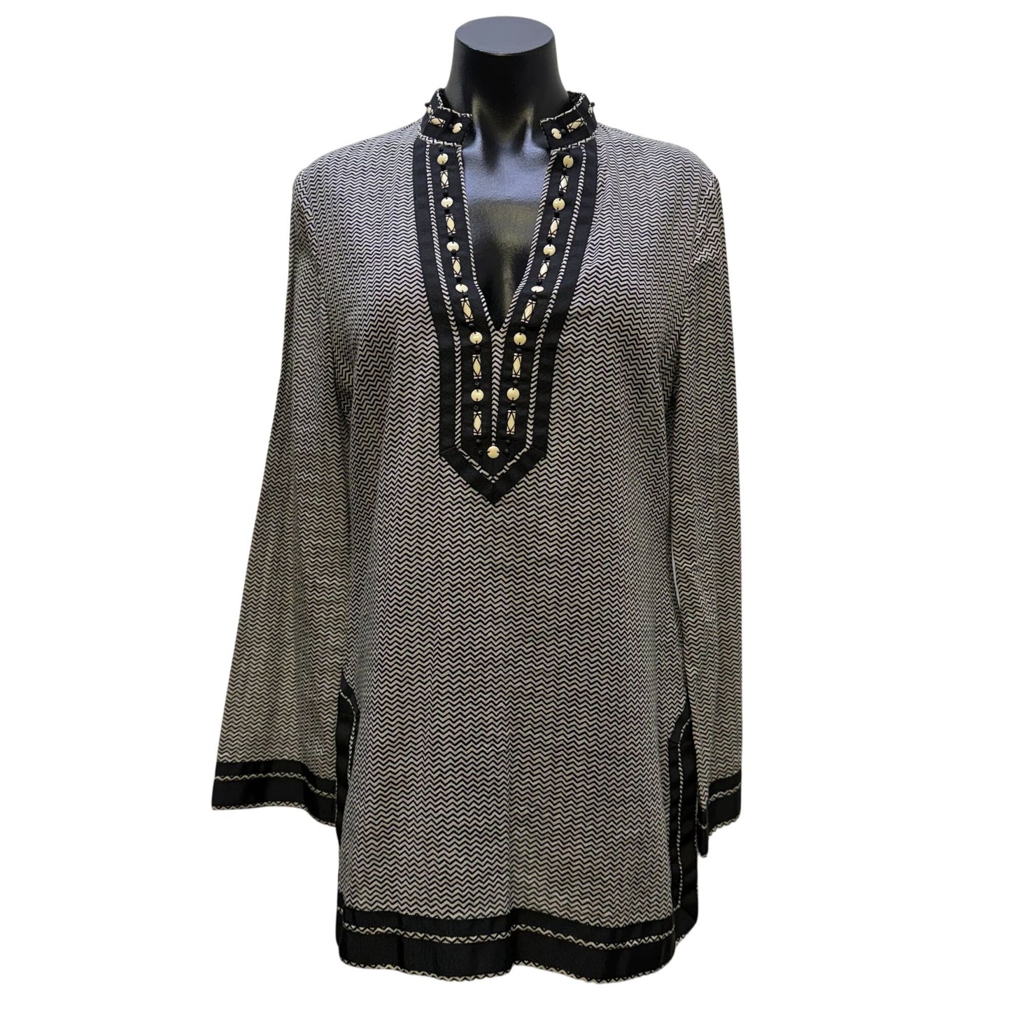 Tory Burch Black & White Chevron Tunic Blouse Size 8