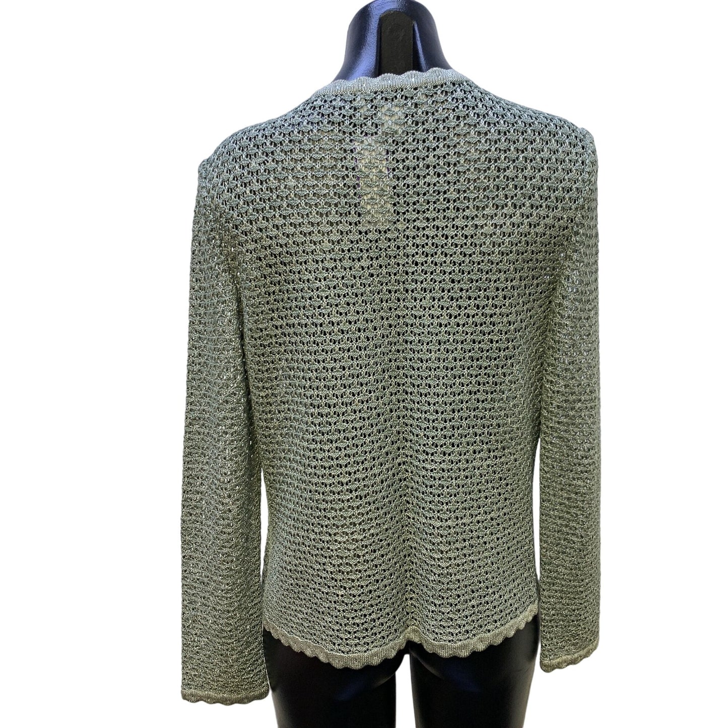 *St. John Evening by Marie Gray Shimmery Green Knit Cardigan w/Jeweled Clasp Size 8