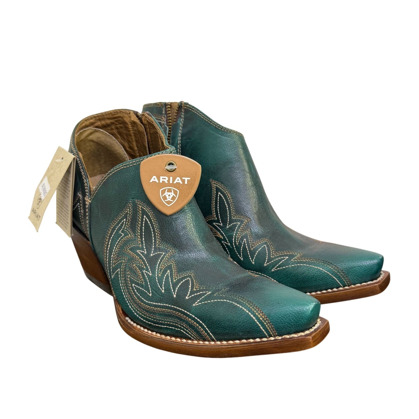 NWT Ariat Green Leather Western Ankle Boots With Embroidered Details Size 7.5