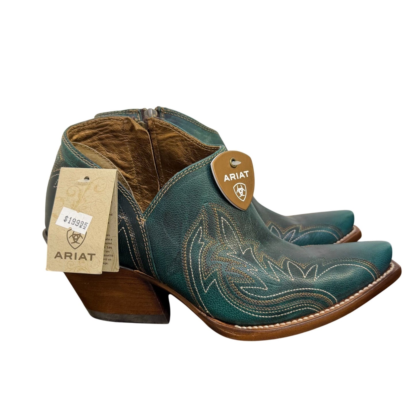 NWT Ariat Green Leather Western Ankle Boots With Embroidered Details Size 7.5