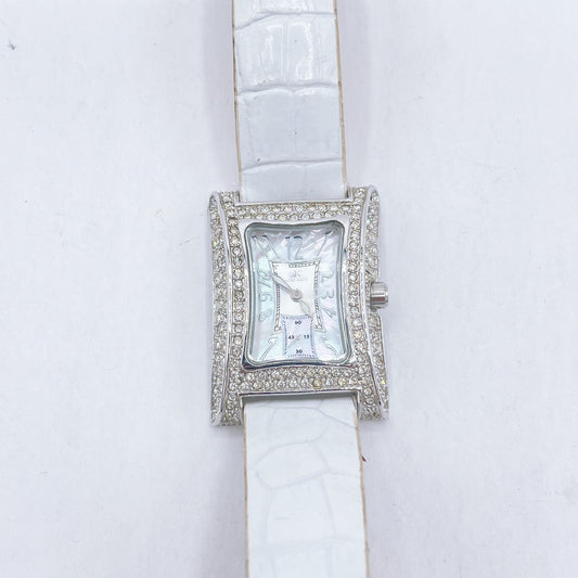 Adee Kaye Silver Swarovski Crystals Mother of Pearl Rectangle Face Stainless Steel White Leather Quartz Watch