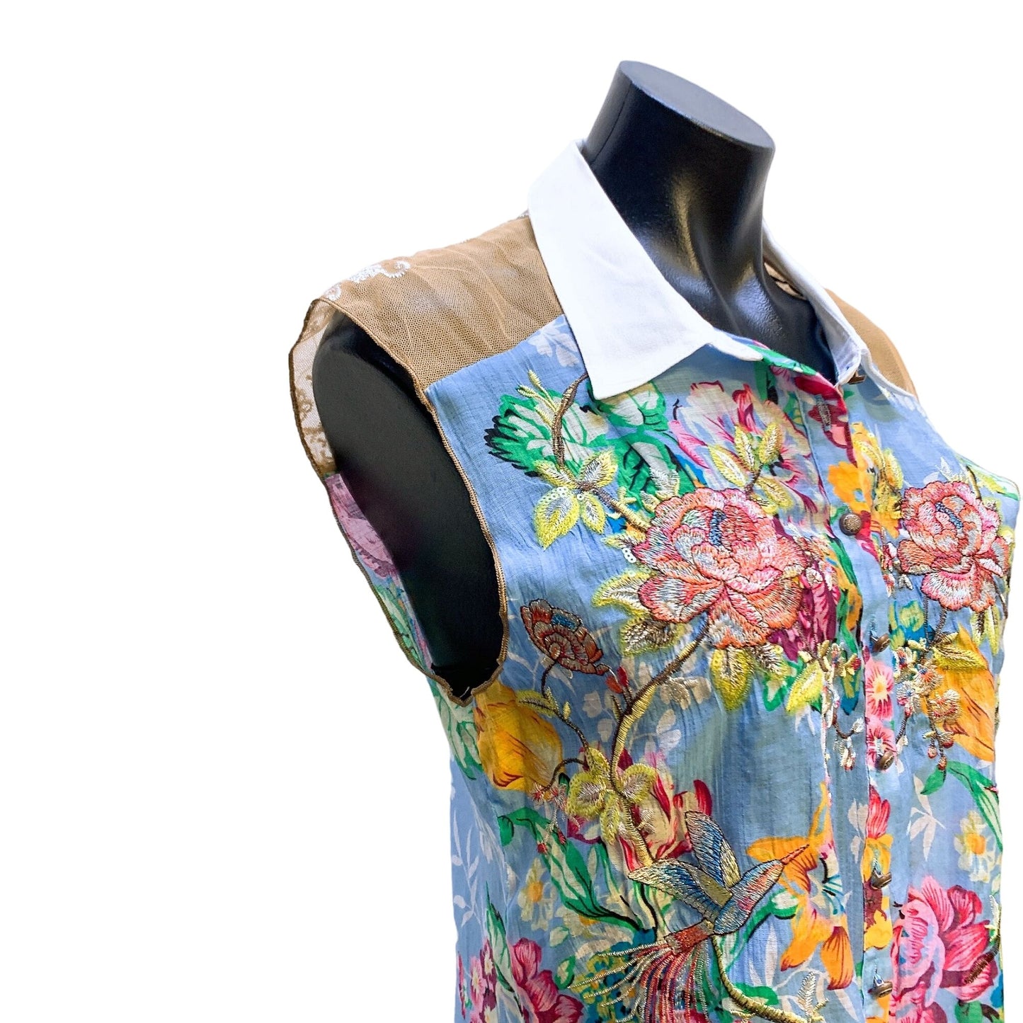 Aratta Silent Journey Floral Embroidered Sleeveless Button-Down Shirt S