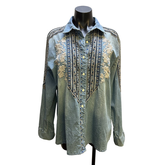 Johnny Was Embroidered Denim Blouse w/Floral Accents Size L