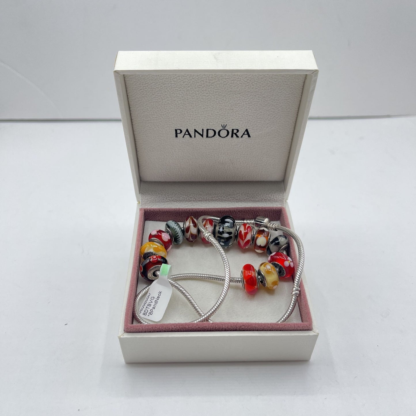 Pandora Style Silver Snake Chain Necklace With Colorful Murano Glass Beads w/Box