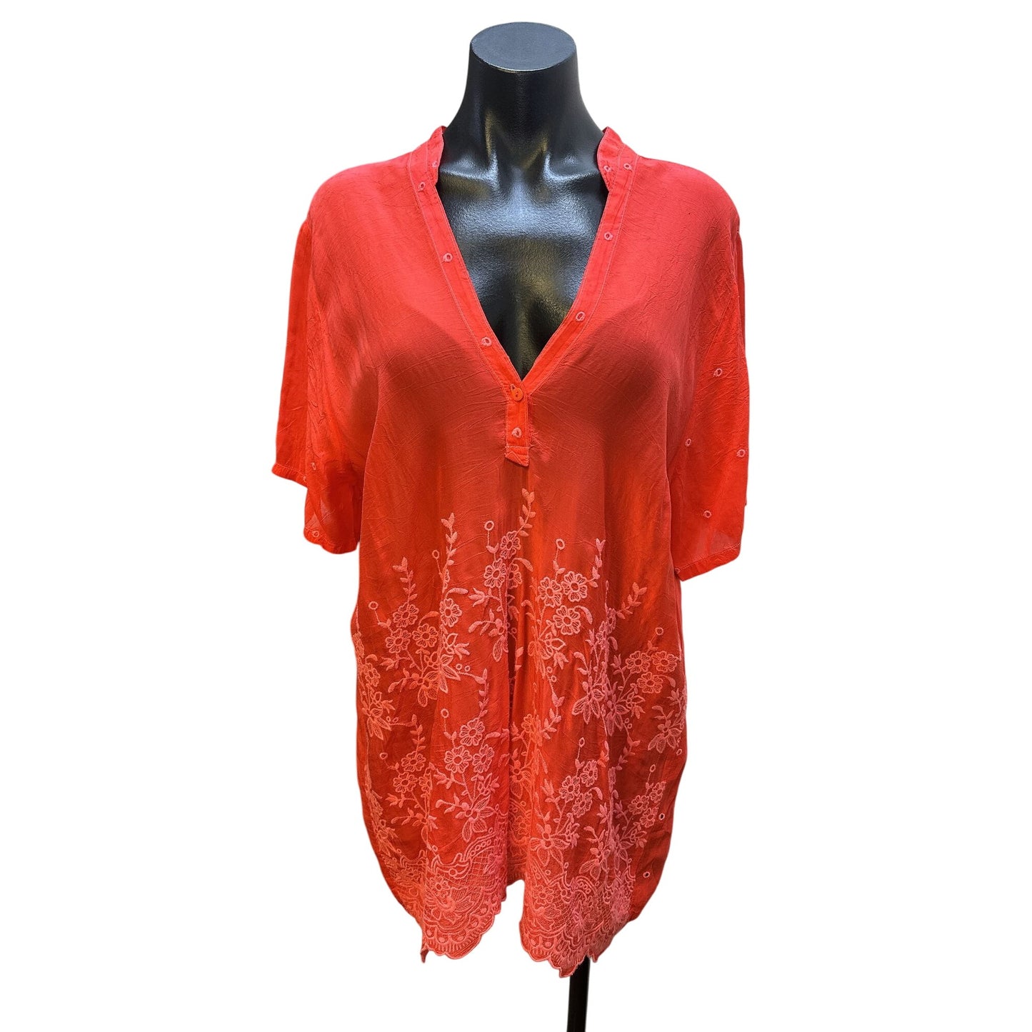 Johnny Was Red Sheer Floral Embroidered Tunic Blouse w/Eyelet Details Size L