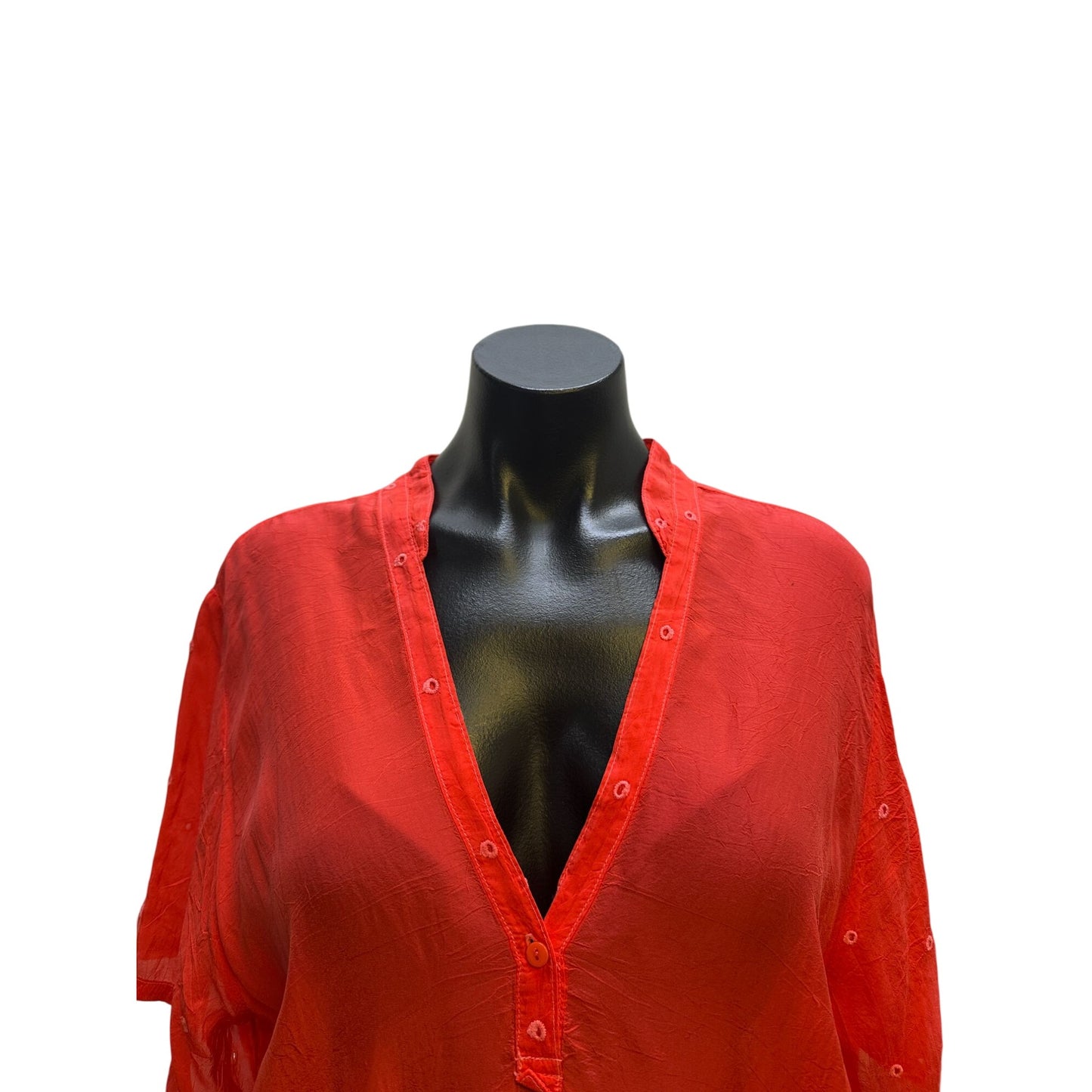 Johnny Was Red Sheer Floral Embroidered Tunic Blouse w/Eyelet Details Size L