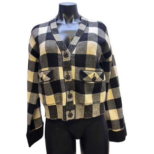 NWT Industry  Plaid Cardigan Black Beige Wool Blend S