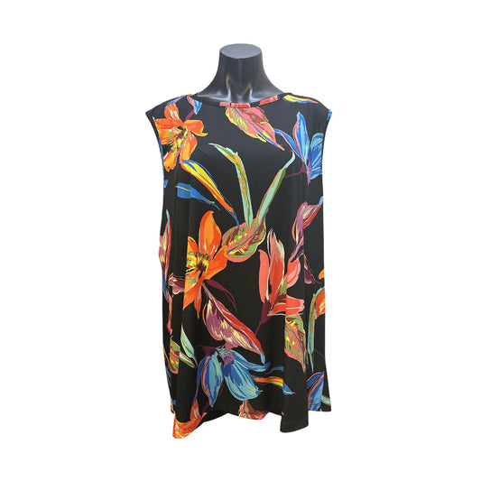 Alembika Floral Sleeveless Black Blouse w/Vibrant Tropical Print Size 7/18
