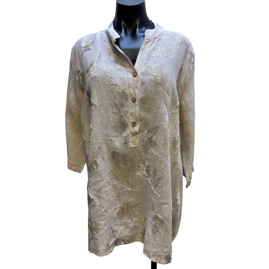 Made In Italy Cream Embroidered Linen Tunic Blouse Size L/XL