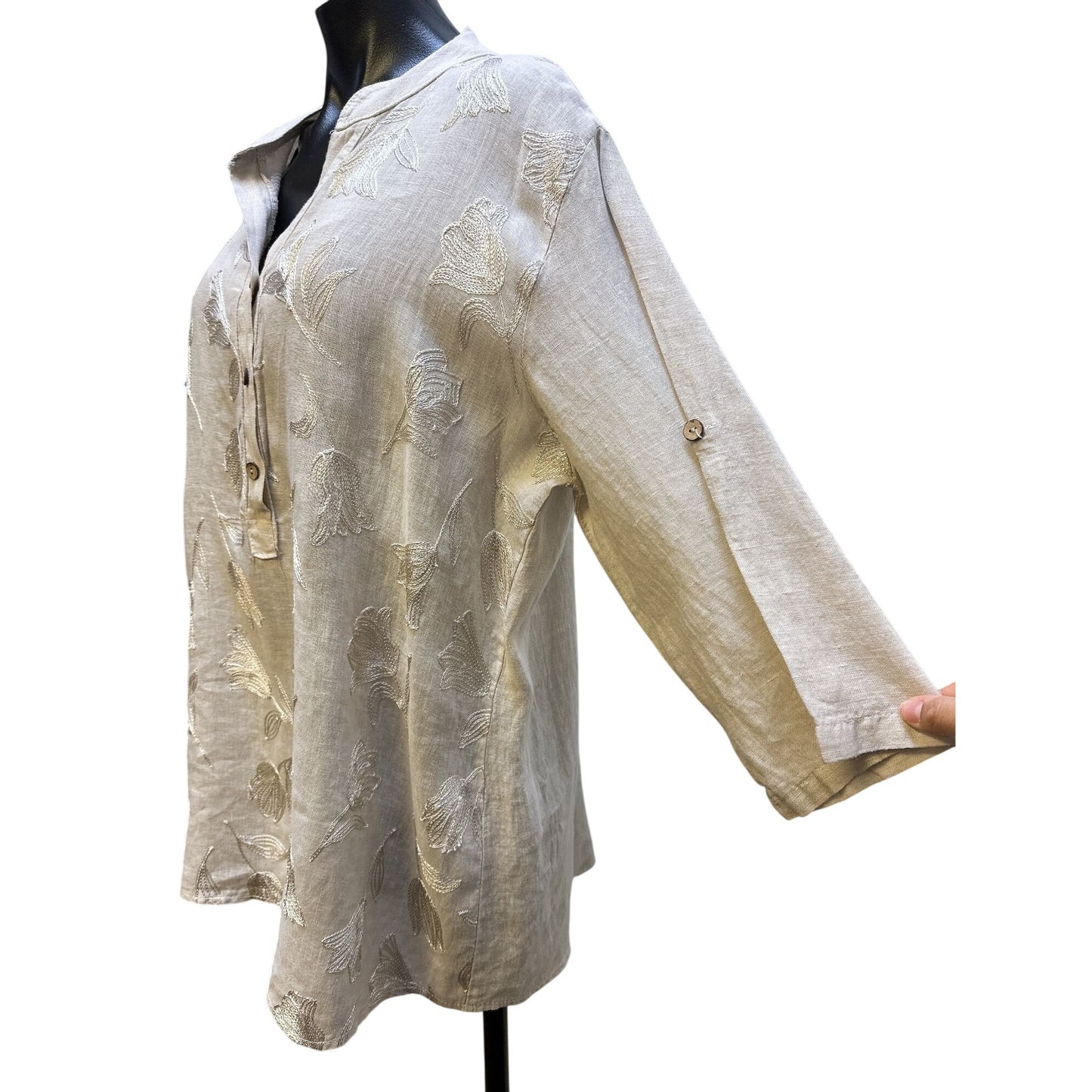 Made In Italy Cream Embroidered Linen Tunic Blouse Size L/XL