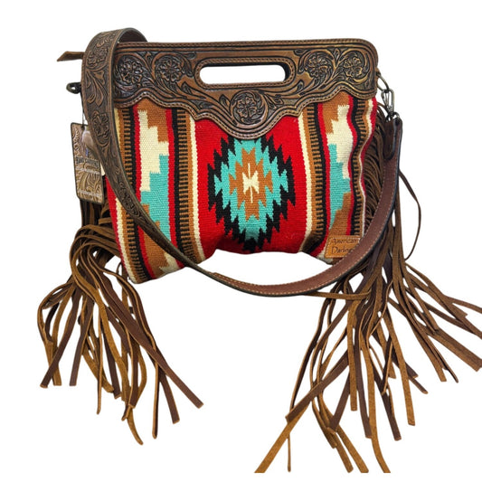 NWT American Darling Western Handbag Woven Aztec Design & Leather Fringe