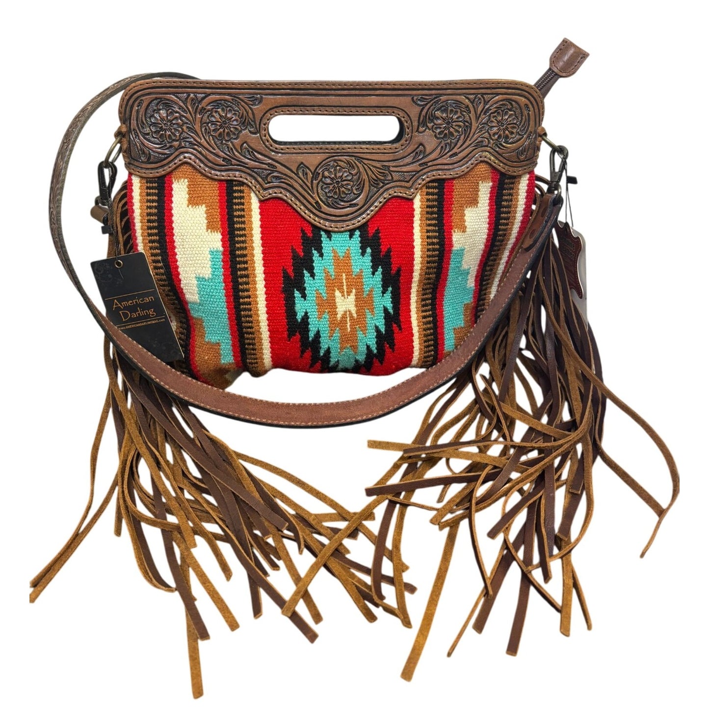NWT American Darling Western Handbag Woven Aztec Design & Leather Fringe