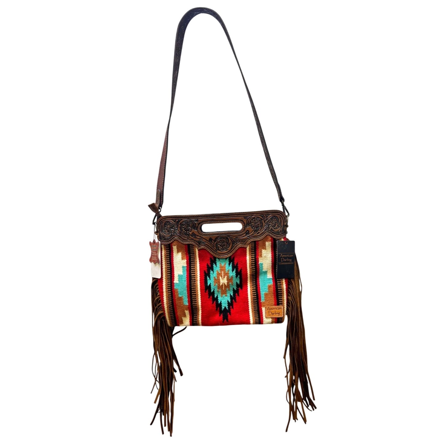 NWT American Darling Western Handbag Woven Aztec Design & Leather Fringe