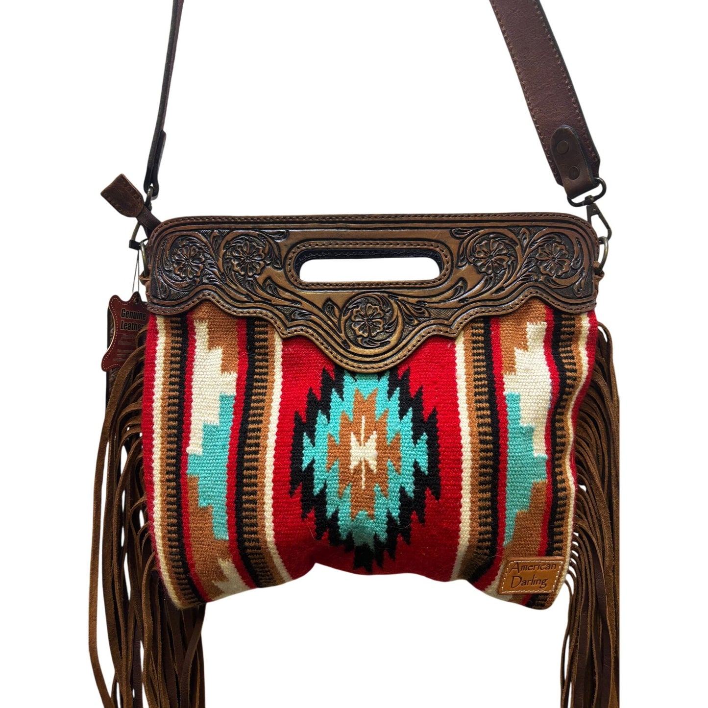 NWT American Darling Western Handbag Woven Aztec Design & Leather Fringe