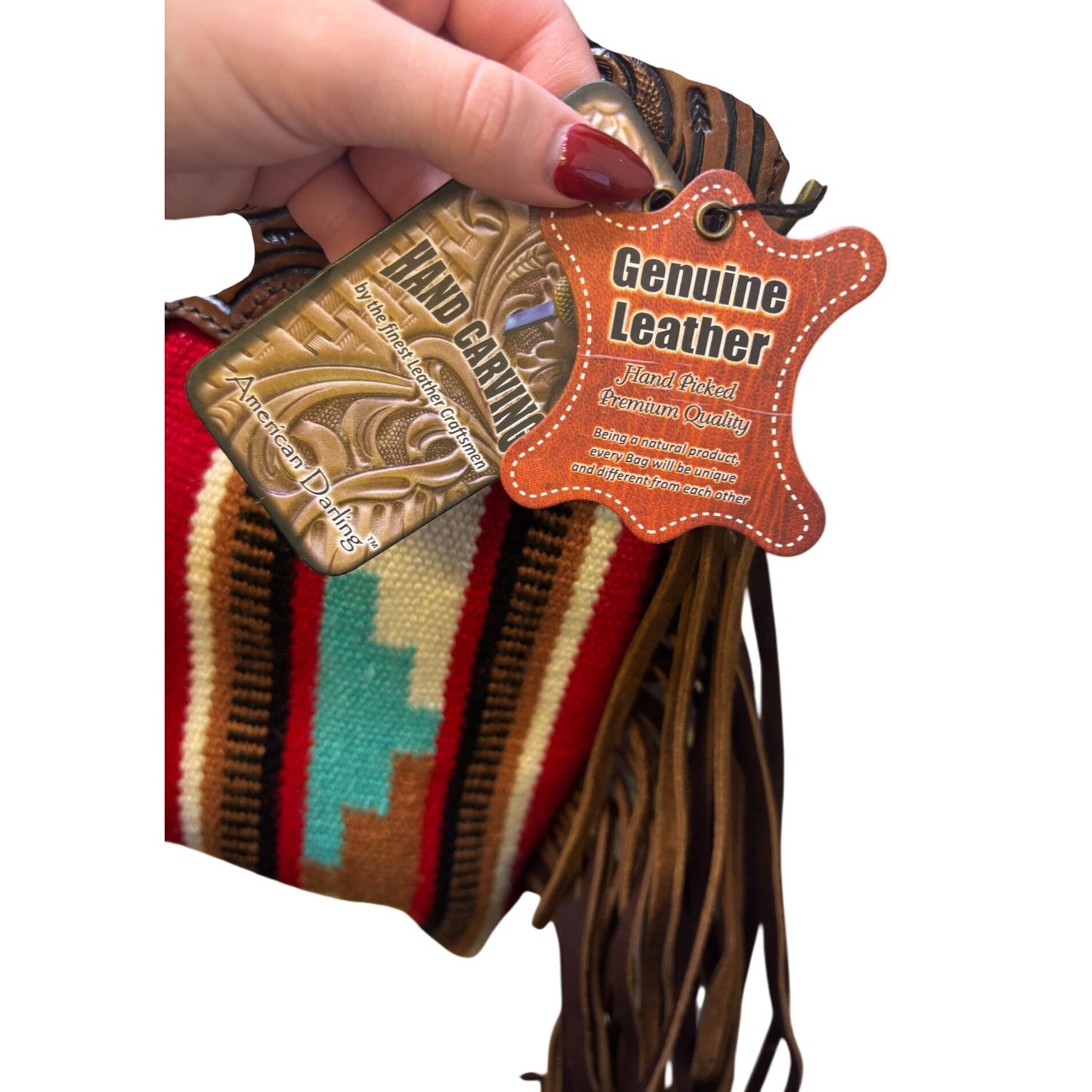 NWT American Darling Western Handbag Woven Aztec Design & Leather Fringe