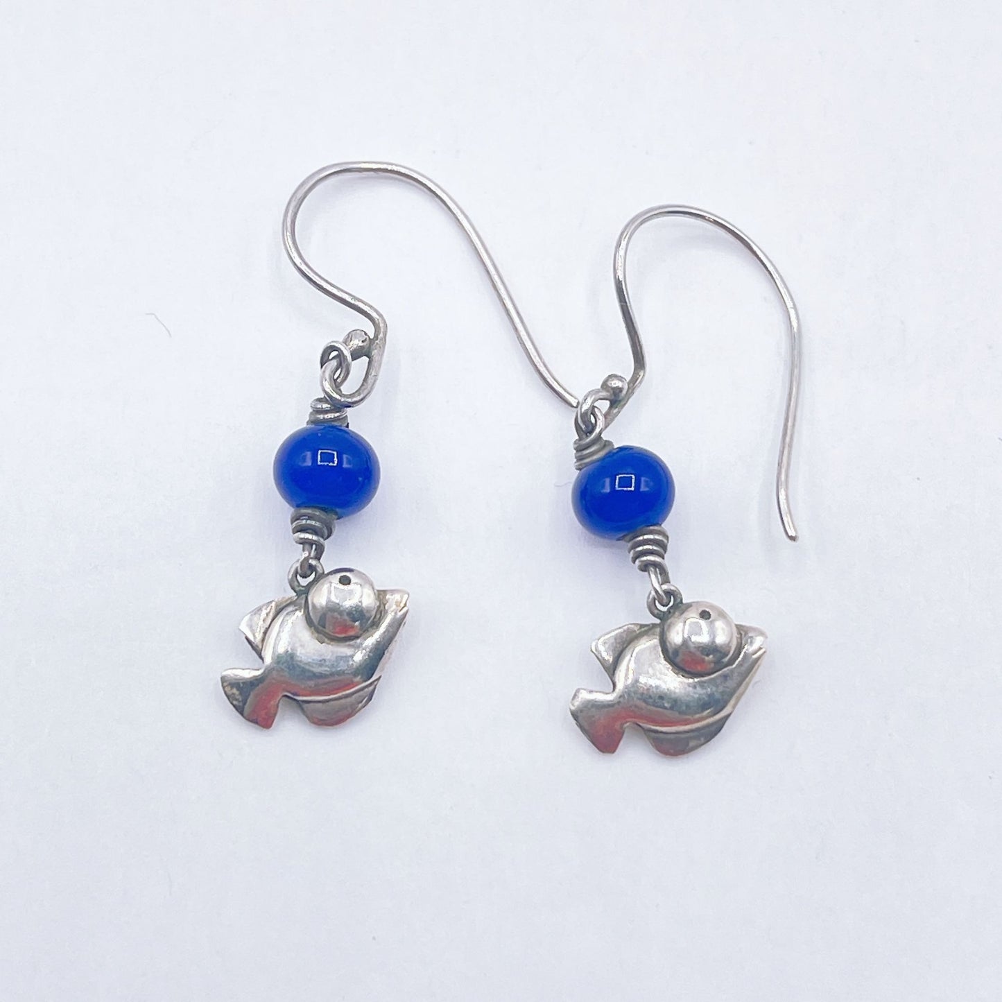 Vintage 925 Sterling Silver & Blue Bead Fish Earrings