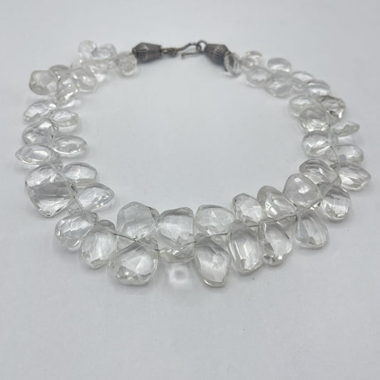 Vintage Faceted Clear Crystal Quartez Bead Necklace With Silver-Tone Clasp