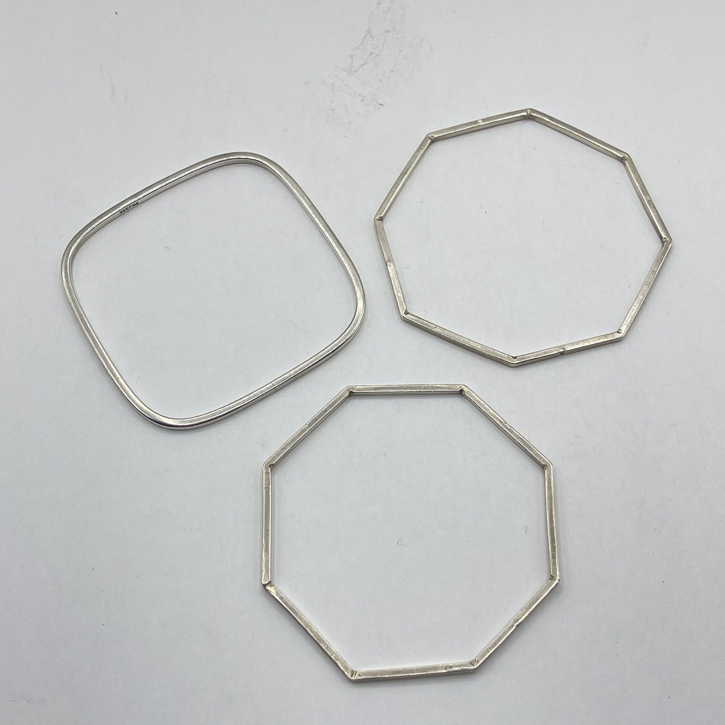 Set Of 3 Geometric 925 Sterling Silver Bangle Bracelets