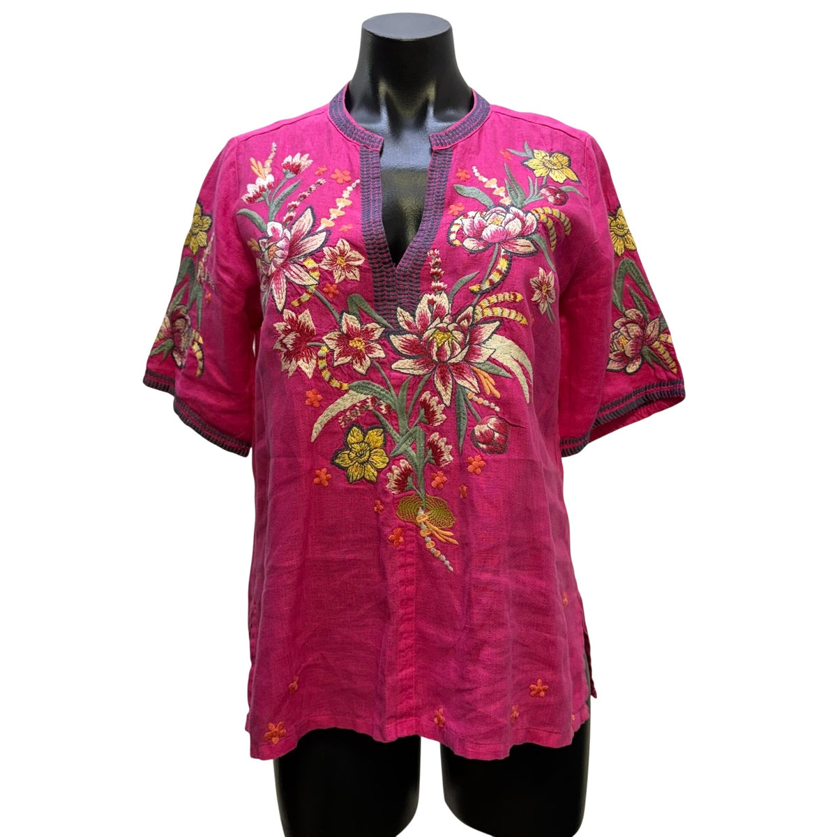 Johnny Was Linen Embroidered Floral Blouse Pink Multi XS