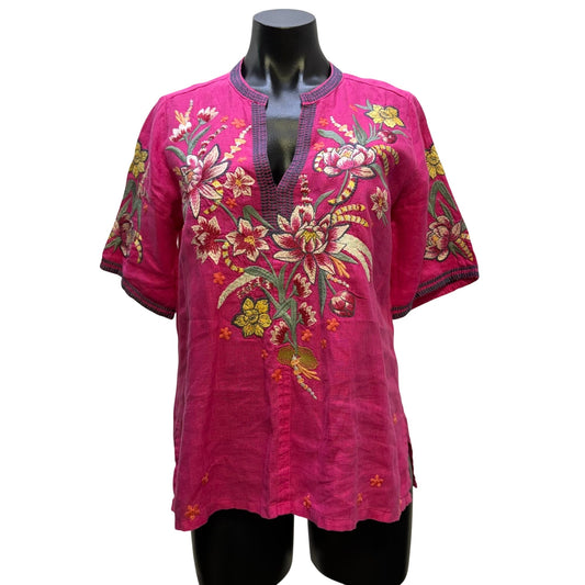 Johnny Was Linen Embroidered Floral Blouse Pink Multi XS