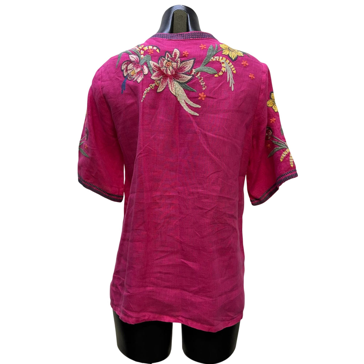 Johnny Was Linen Embroidered Floral Blouse Pink Multi XS