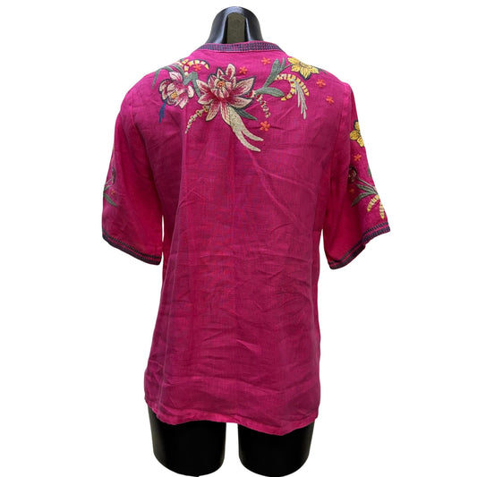 Johnny Was Linen Embroidered Floral Blouse Pink Multi XS