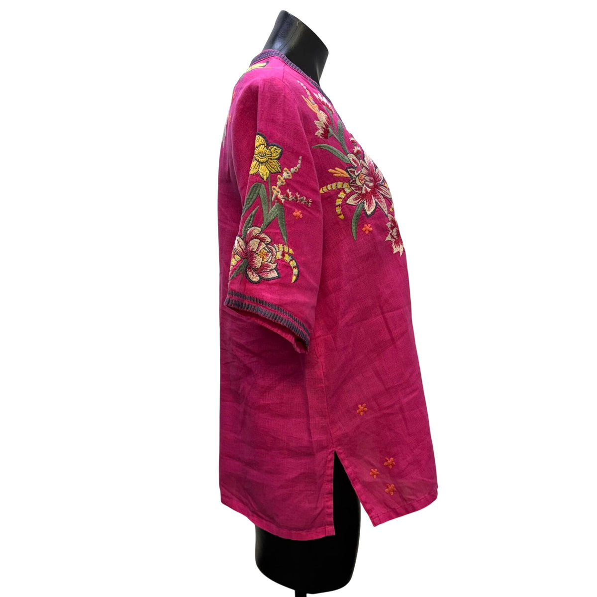 Johnny Was Linen Embroidered Floral Blouse Pink Multi XS