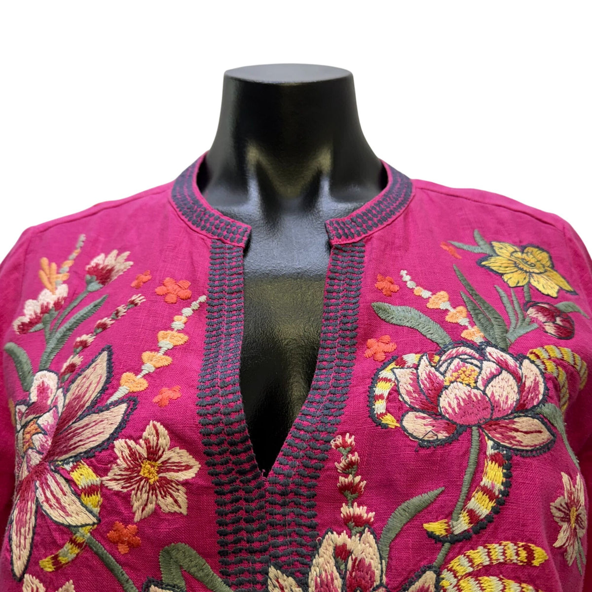 Johnny Was Linen Embroidered Floral Blouse Pink Multi XS