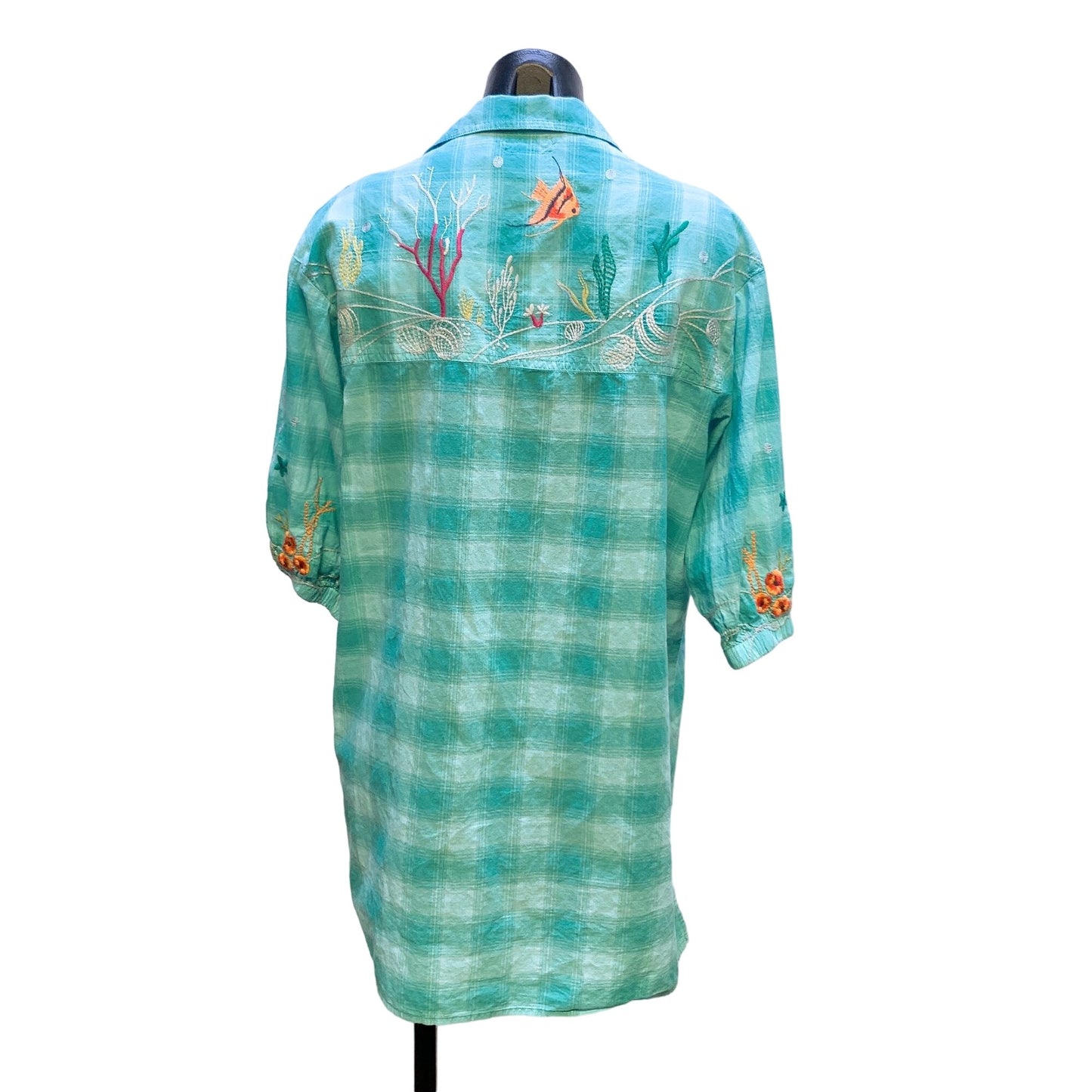 Johnny Was Embroidered Plaid Button-Up Shirt Tunic S