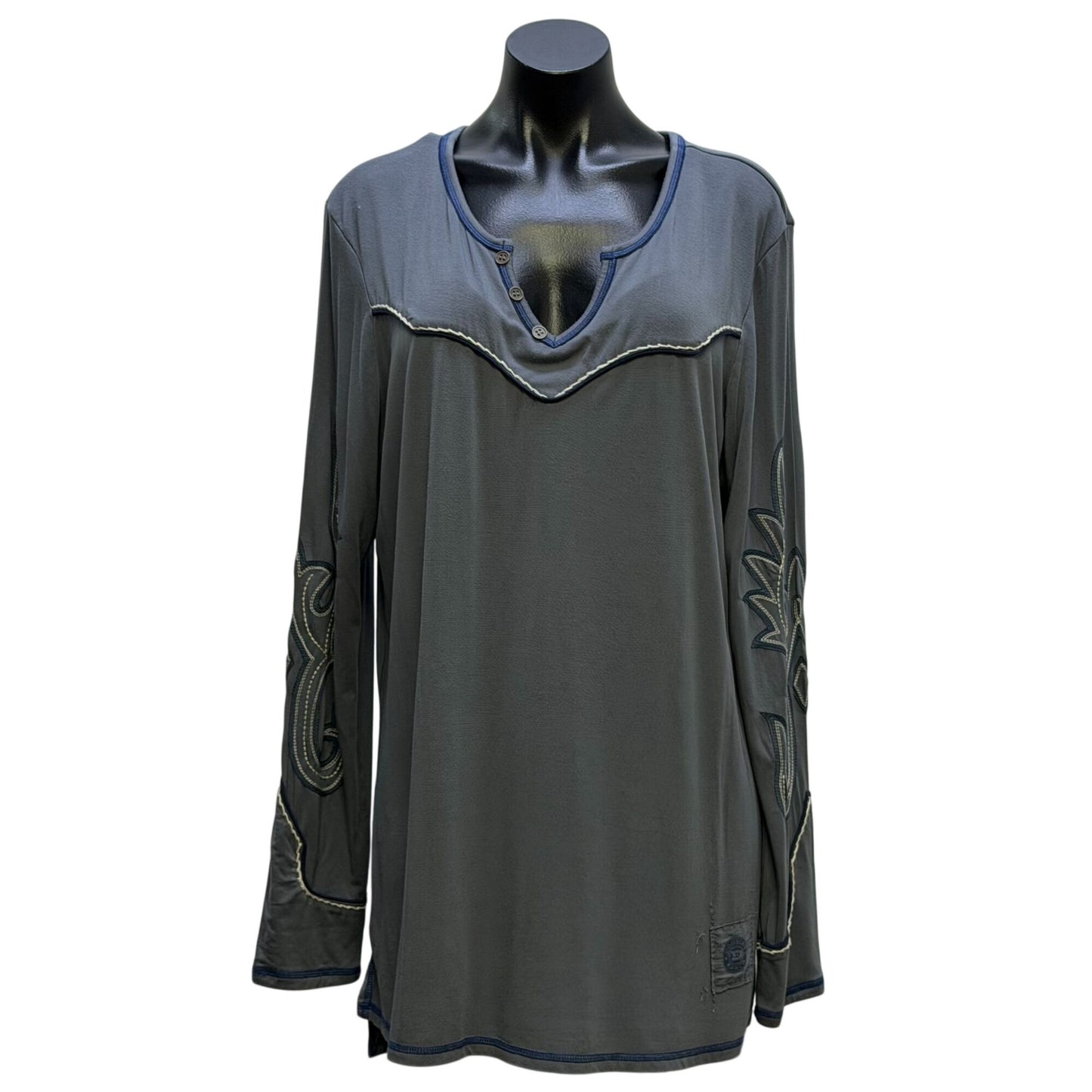 Double D Ranch Embroidered Tunic Top Gray Long Sleeves Western Style Shirt 1X