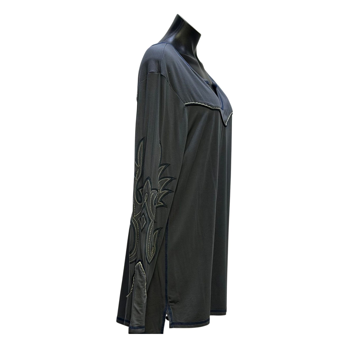 Double D Ranch Embroidered Tunic Top Gray Long Sleeves Western Style Shirt 1X